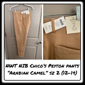NWT NIB Chico’s Peyton pants in “Arabian Camel” size 2 (12-14). 5-pocket styling